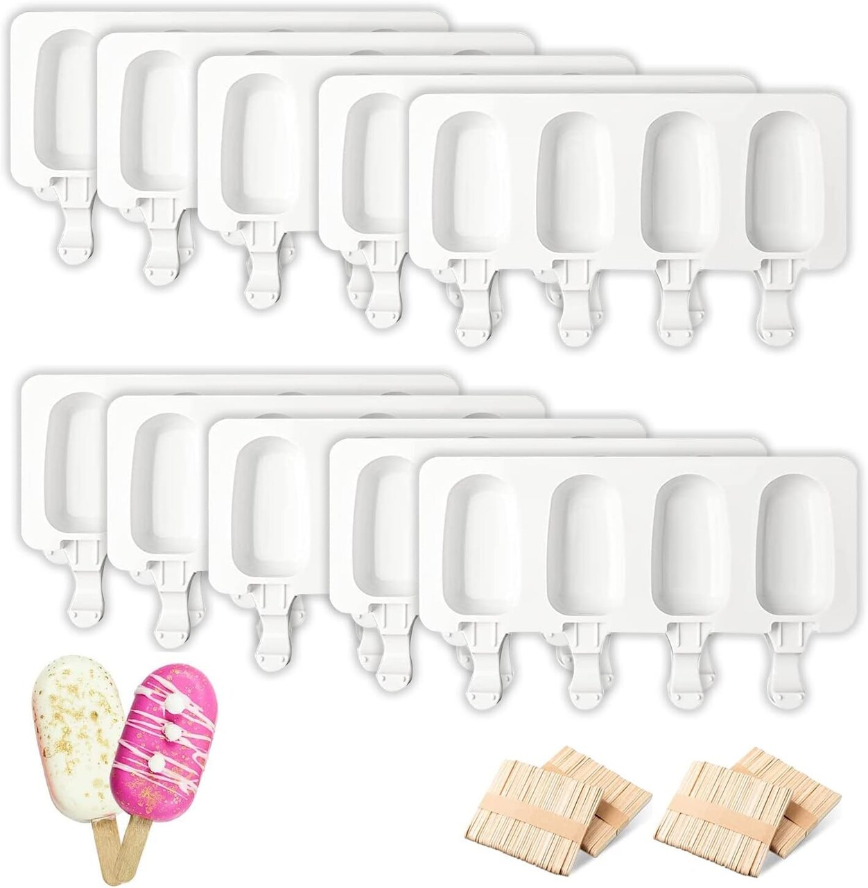 10-Piece Silicone Popsicle Molds – 4 Cavities Ice Pop & Ice Cream Maker with 200 Wooden Sticks for DIY Frozen Treats, Chocolate, Yogurt, and Fruit Pops (10Pcs)